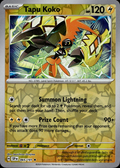 Tapu Koko Reverse Holo Rare SV08: Surging Sparks 065/191 NM