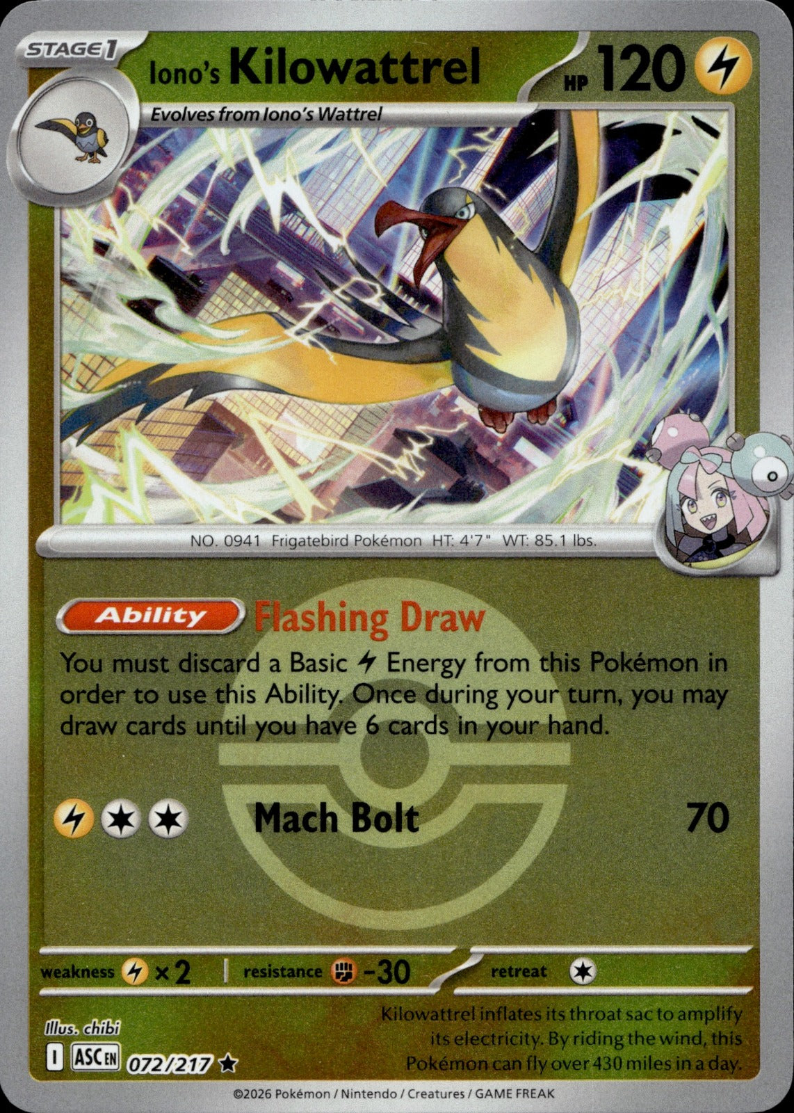 Iono's Kilowattrel (Poke Ball) Reverse Holo Rare ME: Ascended Heroes 072/217 NM