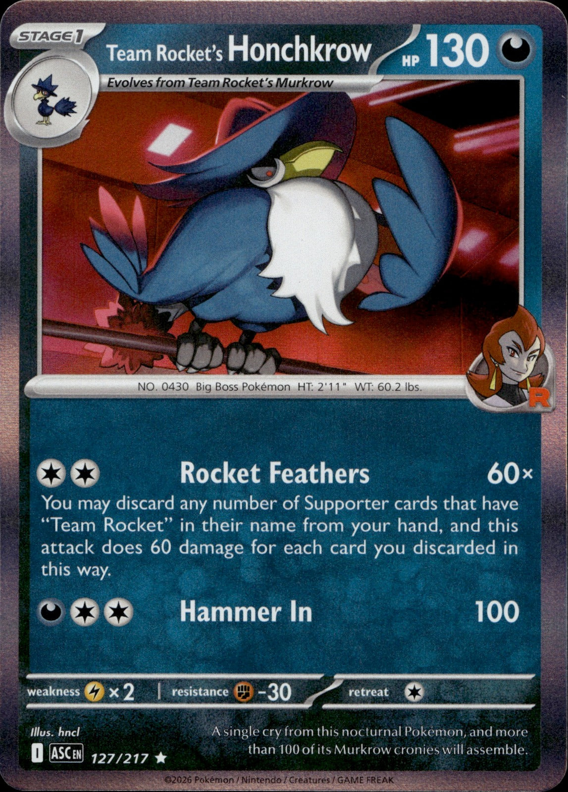 Team Rocket's Honchkrow Holo Rare ME: Ascended Heroes 127/217 NM