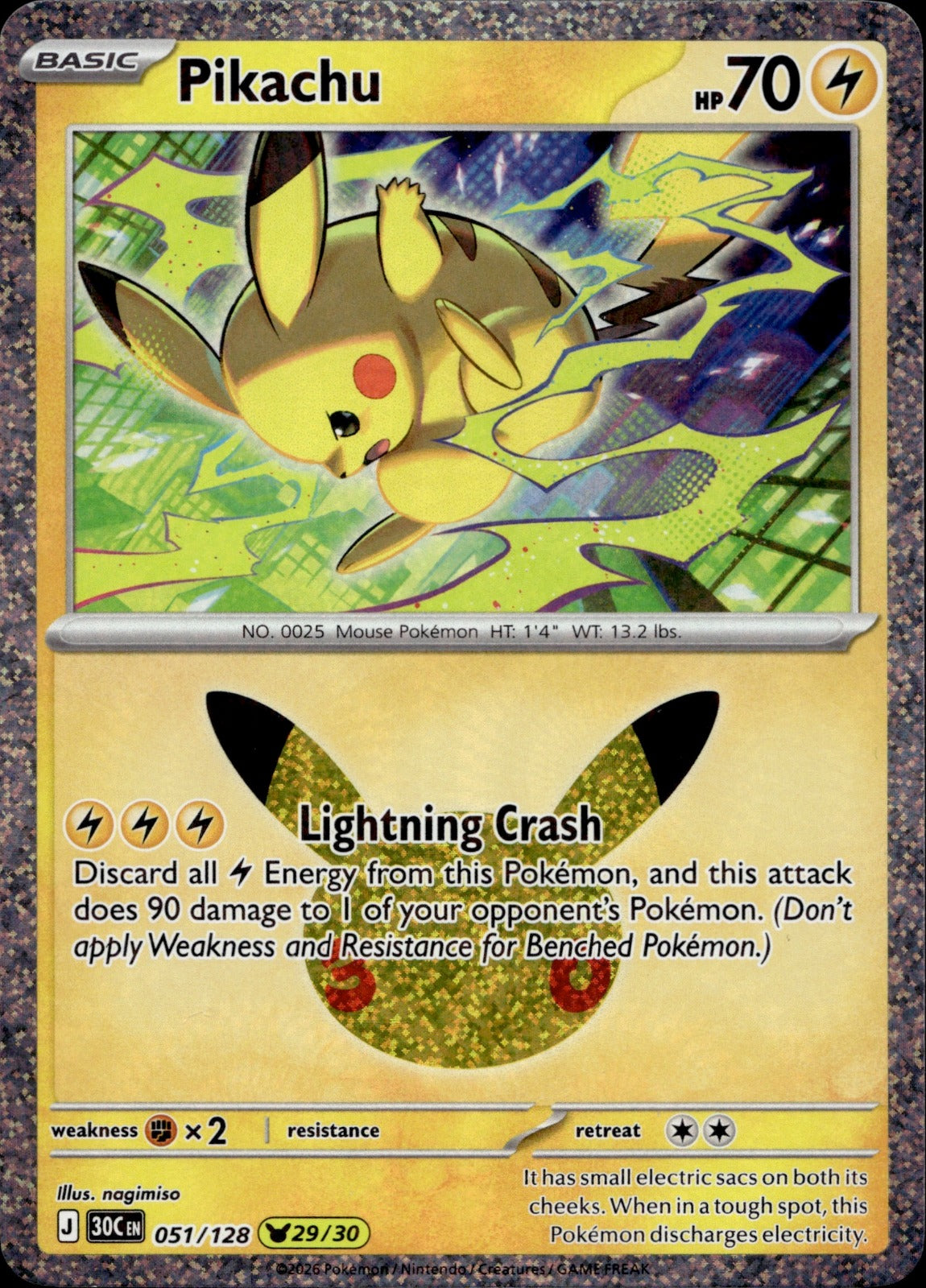Pikachu Holo Pikachu Rare ME: 30th Celebration 051/128 NM