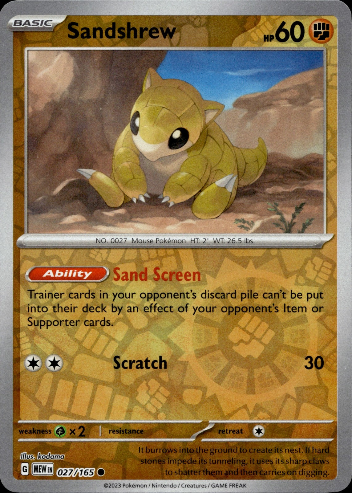 Sandshrew Reverse Holo Common SV: Scarlet & Violet 151 027/165 NM