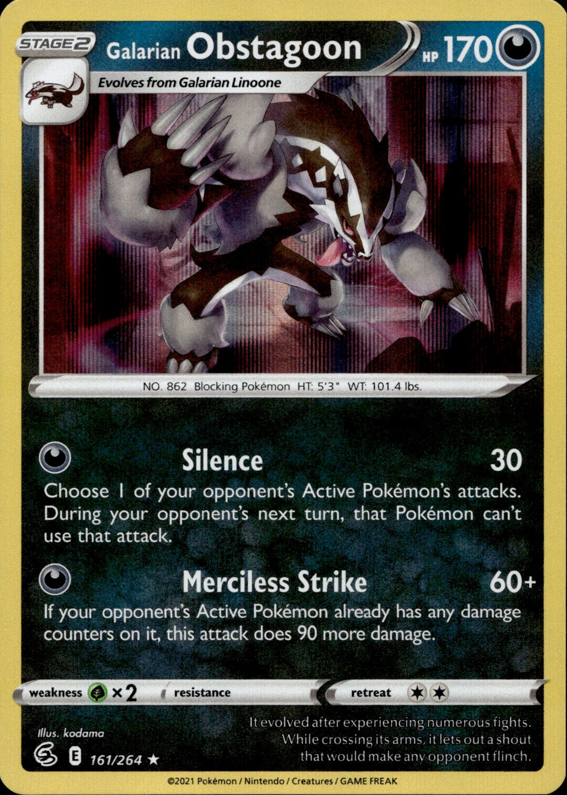 Galarian Obstagoon Reverse Holo Holo Rare SWSH08: Fusion Strike 161/264 NM