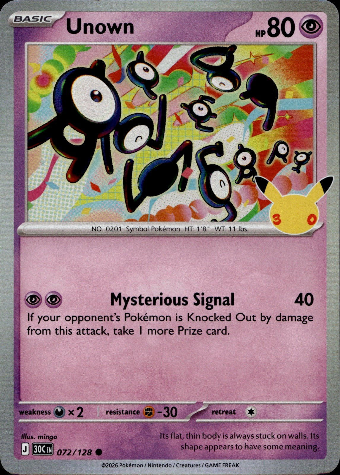 Unown Holo Common ME: 30th Celebration 072/128 NM