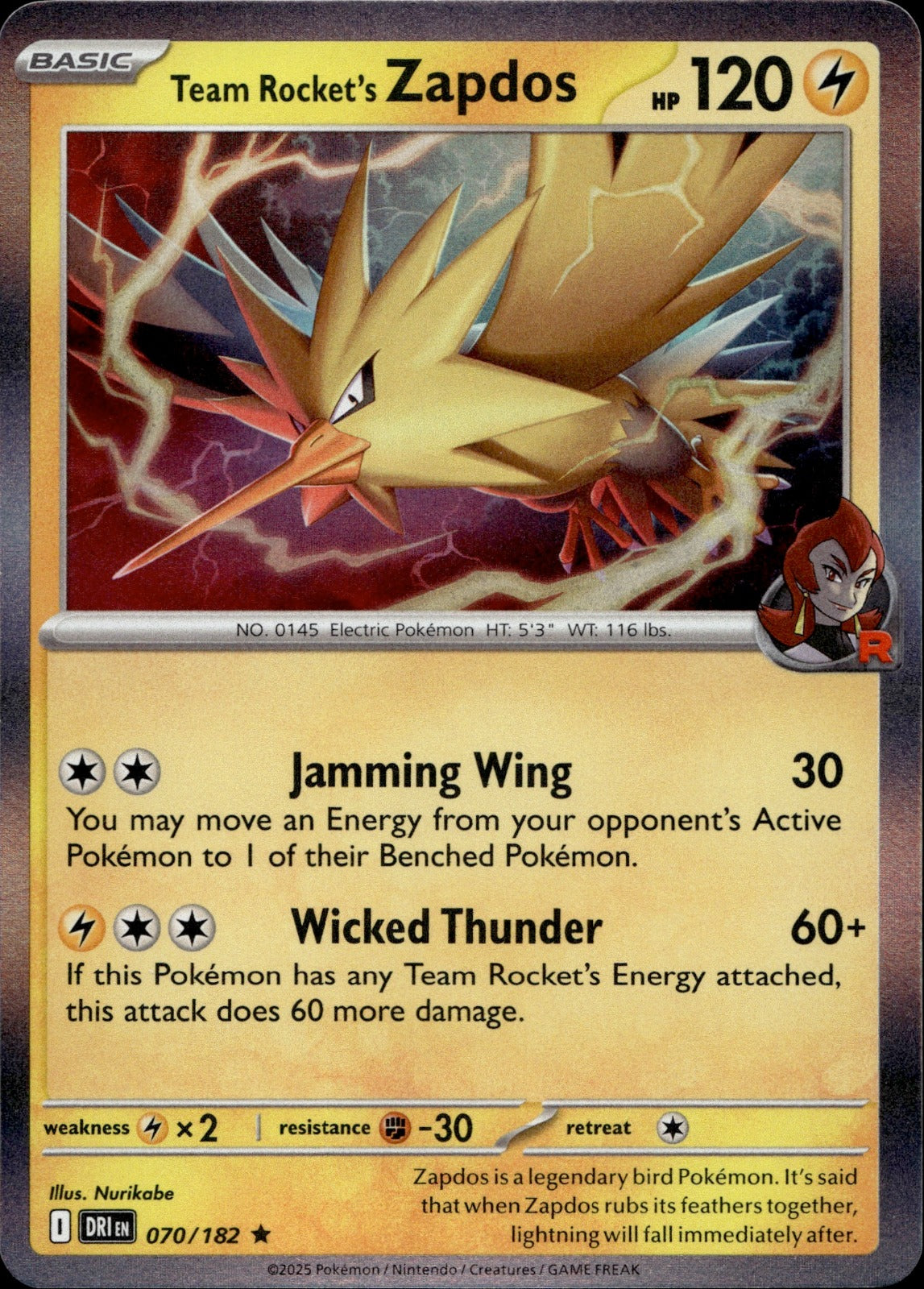 Team Rocket's Zapdos Holo Rare SV10: Destined Rivals 070/182 NM