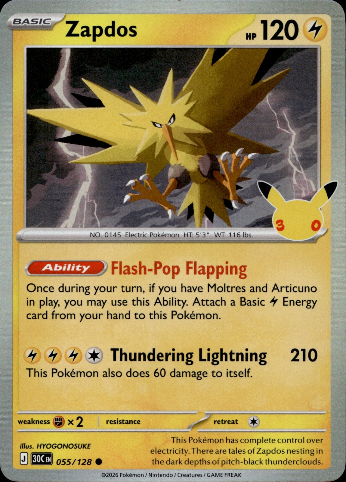 Zapdos Holo Common ME: 30th Celebration 055/128 NM