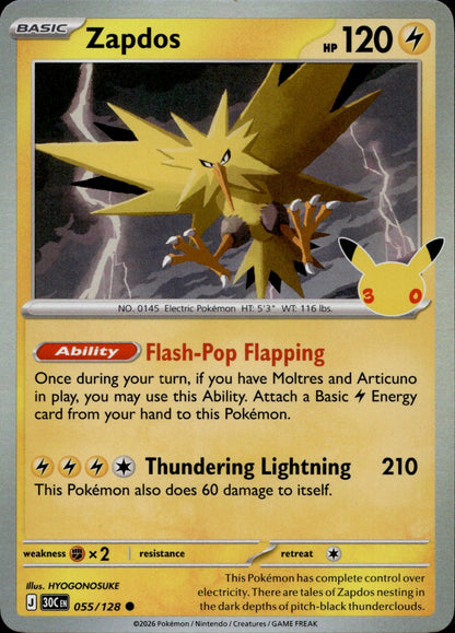 Zapdos Holo Common ME: 30th Celebration 055/128 NM