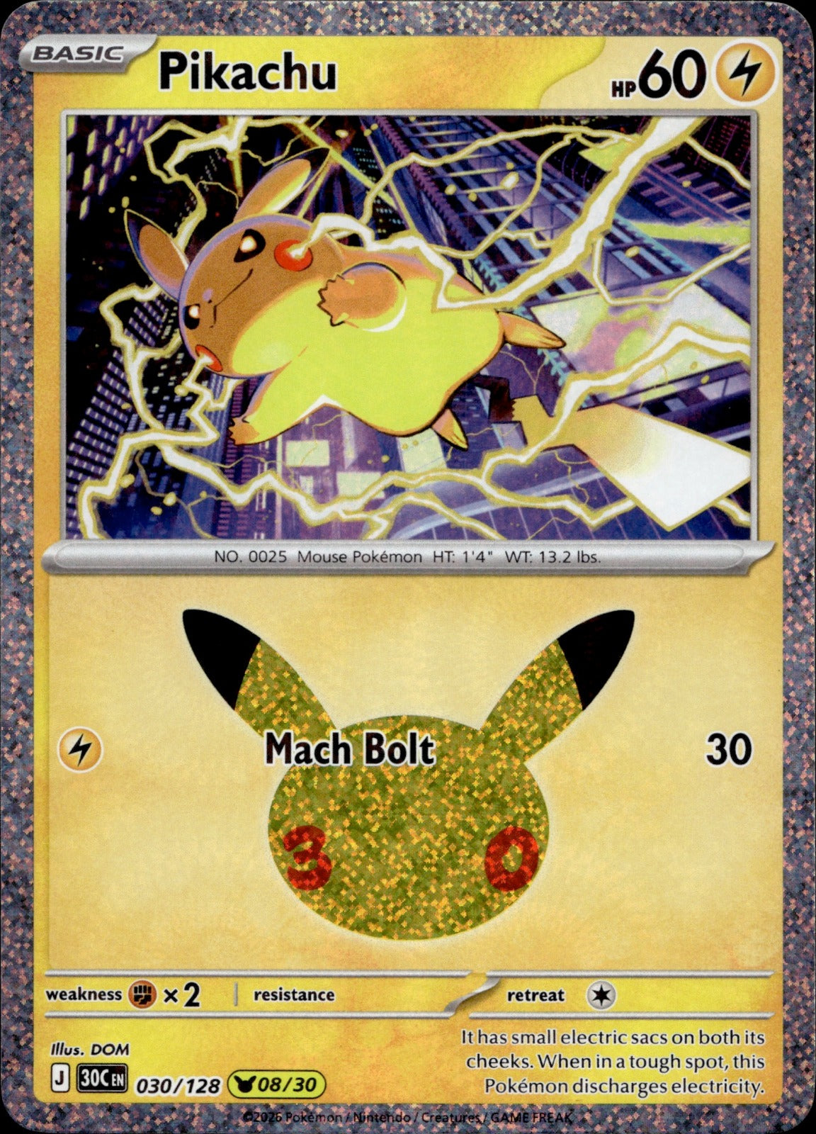 Pikachu Holo Pikachu Rare ME: 30th Celebration 030/128 NM